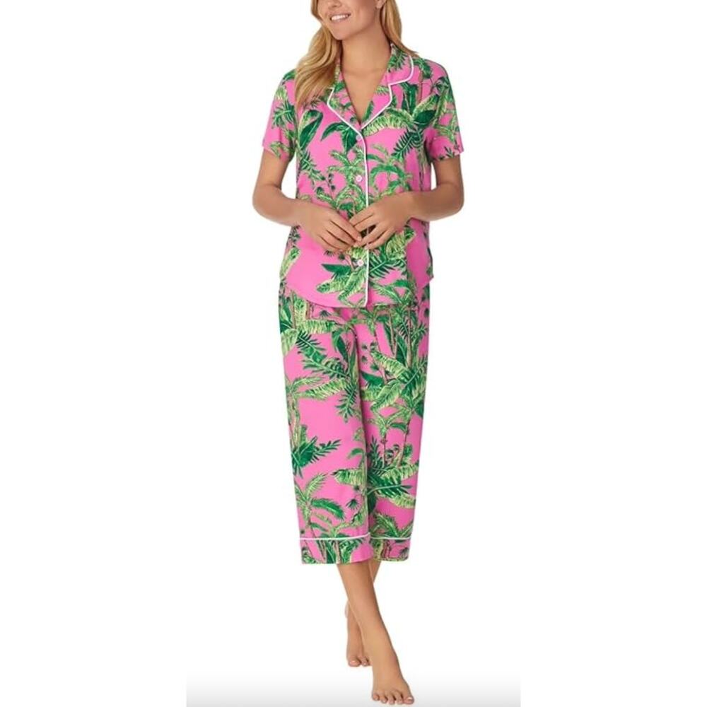 Room Service Palm Print Pajama Set Pink Green Tropical Resort Lounge L